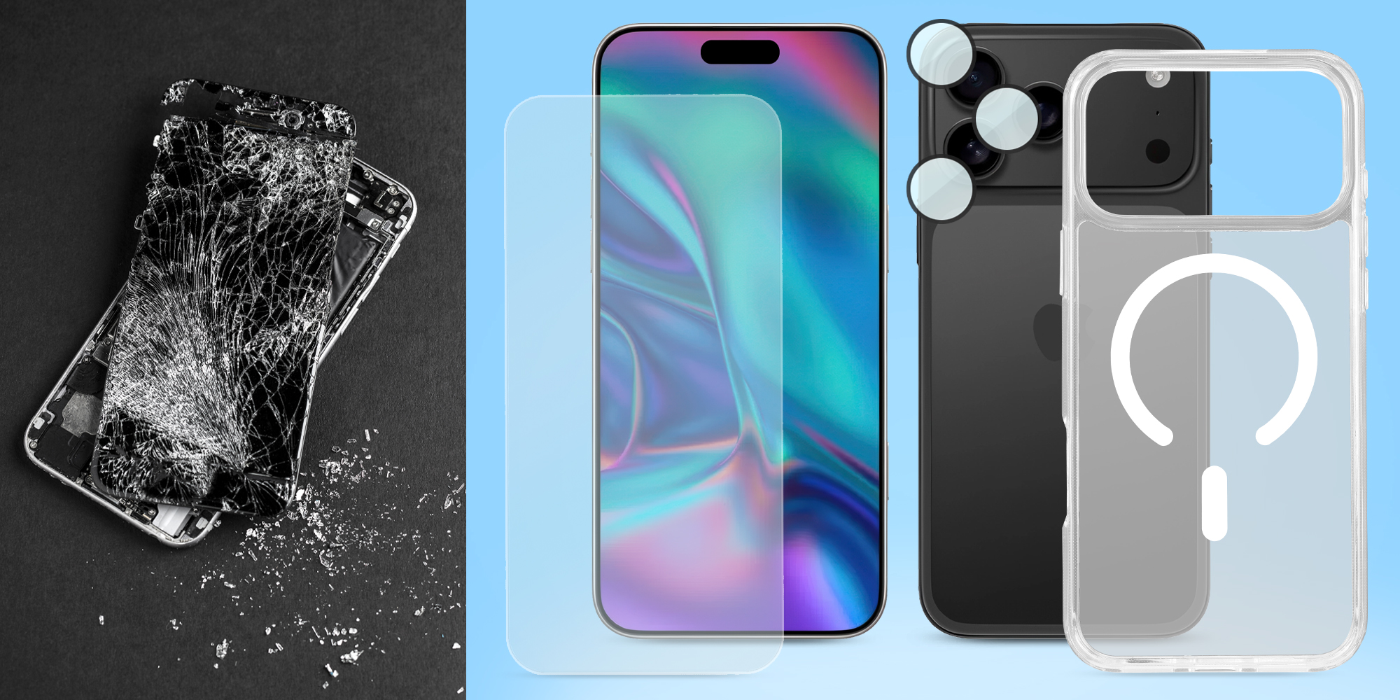 Zestaw Roobix 3w1 Combo do iPhone 17 (etui MagSafe + szkło + ochrona obiektywu) prezentacja zawartości pudełka, obok rozbity smartfon, który nie był odpowiednio chroniony